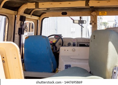 Riverside, California/United States - 06/05/2019: Looking Inside Military Humvee From The Back Seat