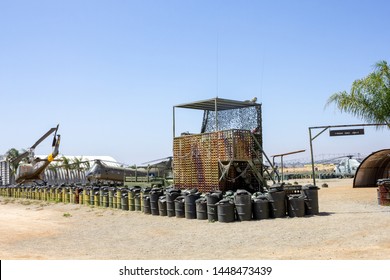 Riverside, California/United States - 06/05/2019: A Vintage Military Base Camp Facade, On Display At The March Field Air Museum