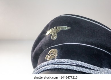 Riverside, California/United States - 06/05/2019: Vintage Nazi SS Military Uniform Caps On Display At The March Field Air Museum