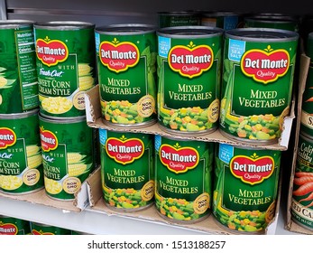 Riverside, California/United States - 09/21/2019: Several Cans Of Del Monte Mixed Vegetables At The Grocery Store.