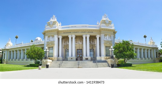 Riverside Court House Riverside California USA-July 23 2018.  Panoramic Of Riverside Court House With Blue Sky Background.