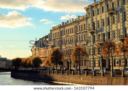 Riverside of Griboyedov Canal in Saint-Petersburg. Beautiful sunset