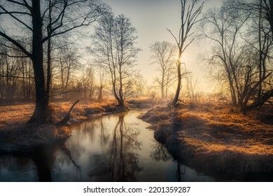 Riverside Landscape In The Rays Of The Rising Sun, On A Foggy And Cold Morning