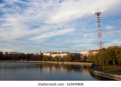 Riverside Of Svisloch With Telecommunication Tower And A Building Where Lee Harvey Oswald Lived In Minsk, Belarus.