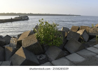 Riverside view at Bakkhali, Cox's Bazar, Bangladesh, with concrete blocks and boats on a calm river. - Powered by Shutterstock