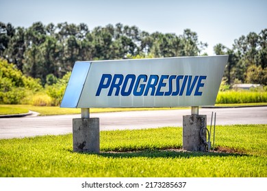 Riverview, USA - October 4, 2021: Progressive Insurance Office Headquarters Entrance Sign In Tampa, Florida The Second Largest Campus In The Country With Nobody