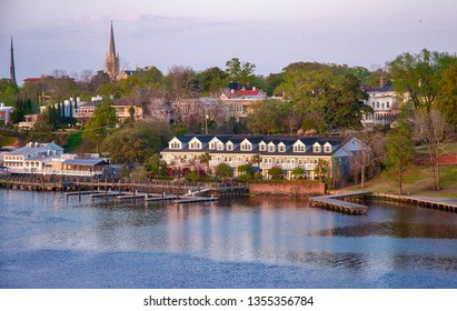 Riverwalk at Wilmington, North Carolina. Cape Fear river Waterfront landscape. Picture taken from Memorial Bridge around 2014. 