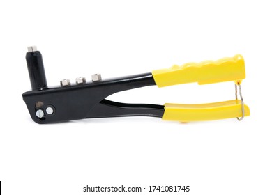 Riveting Tool With Yellow Handles And Silver Blind Rivet For Hand Riveters Isolated On White Background.