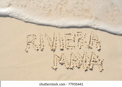 Riviera Maya Written In The Sand On A Beach