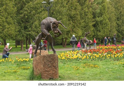 Rivne, Ukraine - May 4, 2019: Beautiful Metal Sculpture In A Spring Park - Zodiac Sign 