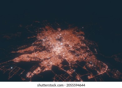 Riyadh Aerial View At Night. Top View On Modern City With Street Lights. Satellite View With Glow Effect