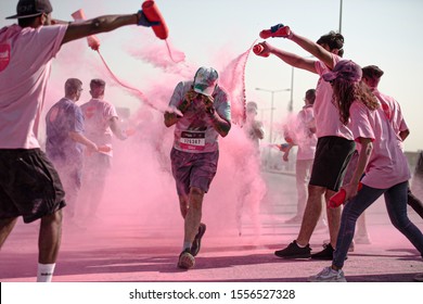 Riyadh Boulevard , In Riyadh Season - General Authority For Entertainment 27 Oct 2019 / Color Run - People Dance, Laugh And They Have Dust Colors In Their Faces