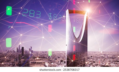 Riyadh city skyline drone shoot .Drone shot King Fahd Road in Riyadh capital city of Saudi Arabia . Abstract technology network with glowing nodes and lines . Stock market graph trading analysis  - Powered by Shutterstock