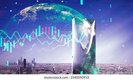 Riyadh city skyline drone shoot .Drone shot King Fahd Road in Riyadh capital city of Saudi Arabia . Abstract technology network with glowing nodes and lines . Stock market graph trading analysis
 - Powered by Shutterstock