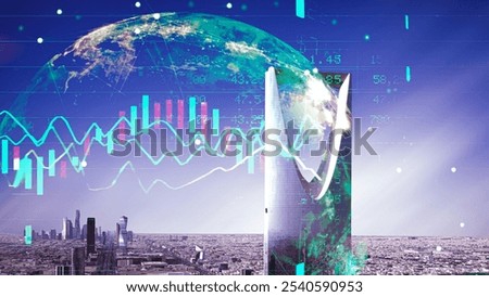 Riyadh city skyline drone shoot .Drone shot King Fahd Road in Riyadh capital city of Saudi Arabia . Abstract technology network with glowing nodes and lines . Stock market graph trading analysis
