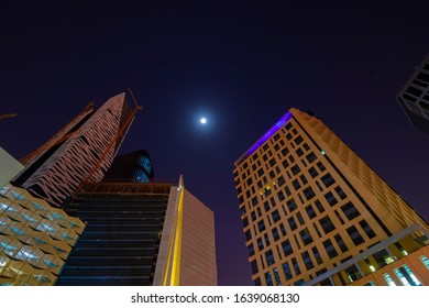 Riyadh, Riyadh Province / KSA - 02 07 2020: Part of the King Abdullah Financial District in Riyadh, KSA, on a moonlit night