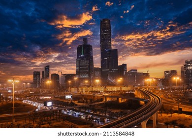 Riyadh, Saudi Arabia 2022-1-15 : KAFD king Abdullah financial district with cloudy sky cityscape for riyadh skyline with the beauty of architecture and  technology future view
