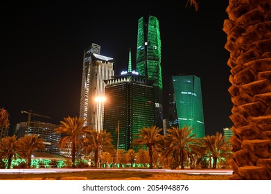 Riyadh, Saudi Arabia –September 23rd 2021: Cityscape view King Abdullah Financial District in Riyadh city in Saudi Arabia North ring road view and green light on the towers for the national day