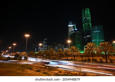 Riyadh, Saudi Arabia –September 23rd 2021: Cityscape View King Abdullah Financial District In Riyadh City In Saudi Arabia North Ring Road View And Green Light On The Towers For The National Day