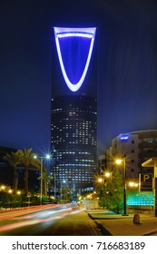 Riyadh, Saudi Arabia, August 18th, 2017, Night View With Neon Light Of Kingdom Tower