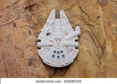 Riyadh, Saudi Arabia - February 26, 2017: Toy Millennium Falcon which is the spaceship of smuggler and rebel Han Solo from Star Wars 