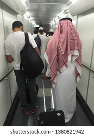 Riyadh, Saudi Arabia - May, 11 2017: Shot Of Saudi Man Traveling And Holding His Luggage Inside King Khalid International Airport