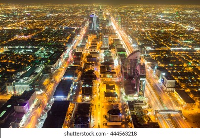 RIYADH, SAUDI ARABIA - OCTOBER 15, 2015. Riyadh City Night Skyline View From The Top Of Kingdom Tower, Skybridge.