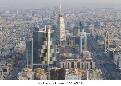 RIYADH, SAUDI ARABIA - OCTOBER 15, 2015. Riyadh City Close Skyline View On Al Faisaliah - A Tower With A Glass Sphere - From The Top Of Riyadh Kingdom Tower, Skybridge.