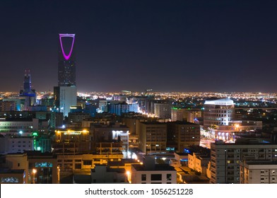 Riyadh Skyline At Night #11, With Kingdom Tower Lit In Purple, Saudi Arabia