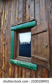 Rize, Black Sea Region, Turkey, June 2015. A Typical Wooden Old Village House With Green Window, Close Up Shot, No People, Vertical Shot.