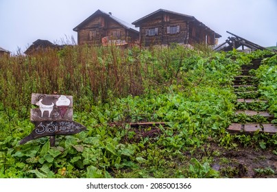 Rize, Turkey 07.15.2021: Village Life And Village Houses. A Mountain Village House With Eastern Black Sea Architecture. 'Sisi Break Place' Is Written On The Sign. Healthy And Natural Life. Life In Nat