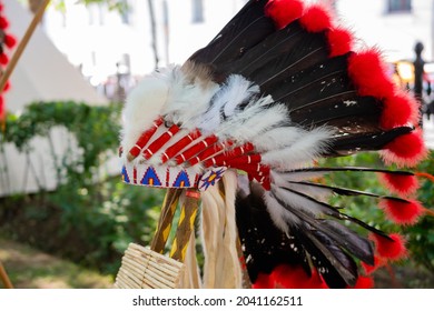 Roach - traditional Native American male headdress at summer outdoor historical festival: close up - nobody, no people. Ethnic, costume, culture, traditional and reenactment concept