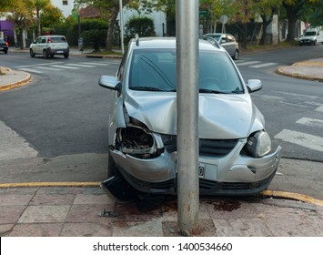 Road accident. The car skidded and thrown out of the road into a traffic light post