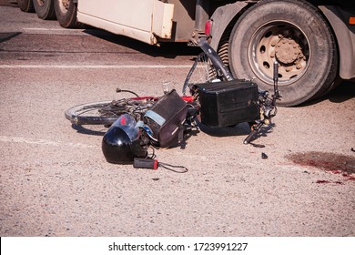 Road Accident. Crushed Bicycle And Blood Stain Near The Truck (traffic Concept, Road Safety).