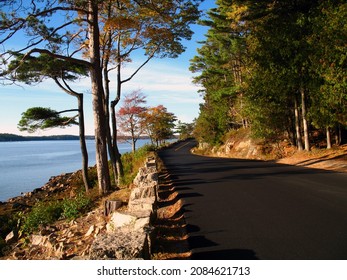 Road along Some Sound, located on Mt Desert Island, Maine, USA. Acadia National Park.
