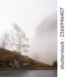 The road from Andorra to France. Driving through the Pyrenees Mountains on the border between France and Andorra on a foggy day. The fog would occasionally break and gives glimpses of the mountains. 