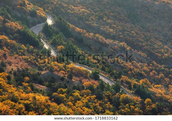Road in the autumn forest top view. Beautiful\
autumn serpentine. Fall Of Crimea. Travel to Russia. Beautiful\
landscape with autumn\
forest.