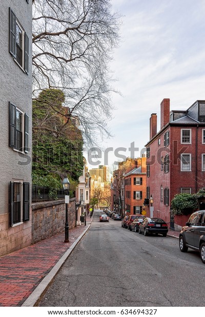 Road at Beacon Hill neighborhood, downtown Boston in\
MA, USA.