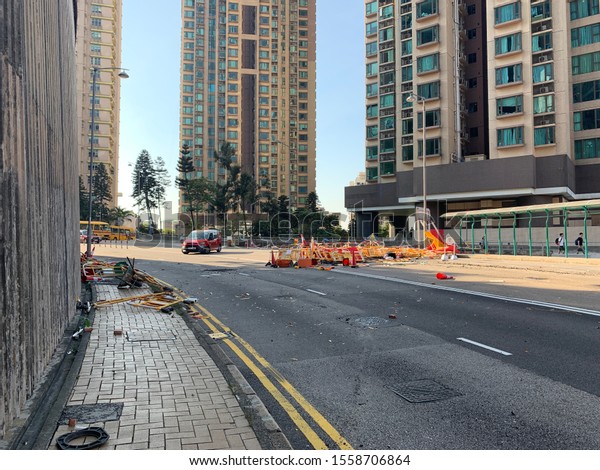 The road block in Pok Fu Lam Road.\
Which near the HKU in Hong\
Kong.\
12-11-2019