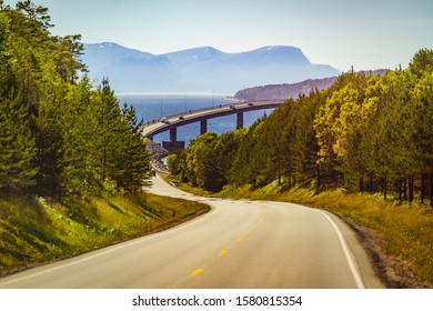 Road bridge Bolsoya, coastal landscape in Norway Europe. Norwegian county road 64. Tourist attraction.