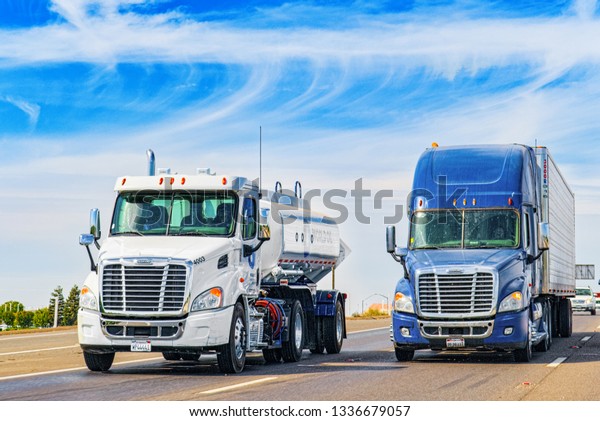 Road,  California, USA - September 13, 2018:\
American Truck Cab on the\
highway.