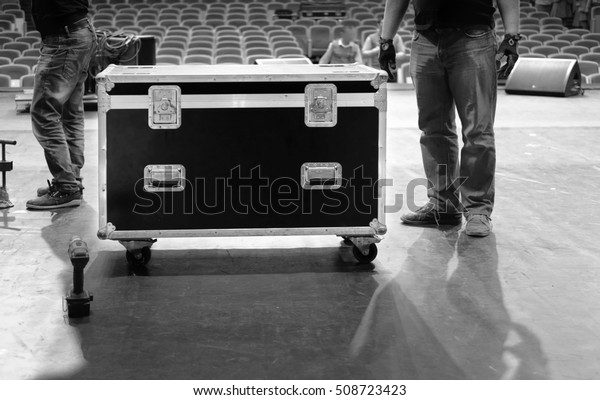 Road case with metal\
latches on stage