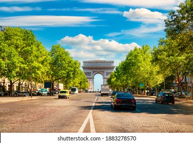 Road Of Champs Elysee Leading To Arc De Triomphe In Paris, France