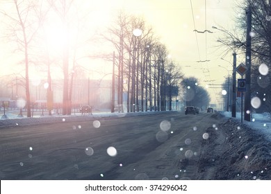 Road City Car Winter Sunset