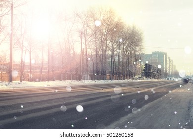 Road City Car Winter Sunset