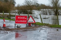 Road Closed And Flood Signage In The Rural Village Of Breighton Due To Flooding Caused By Storm Christoph And Heavy Rains In North Yorkshire, UK. Winter 2021.  Horizontal.  Space For Copy.