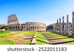 Road to Colosseum from Roman Forum in Rome, Italy. Ancient Roman ruins of Colosseum (Coliseum), landscape of old Rome city, Italy.