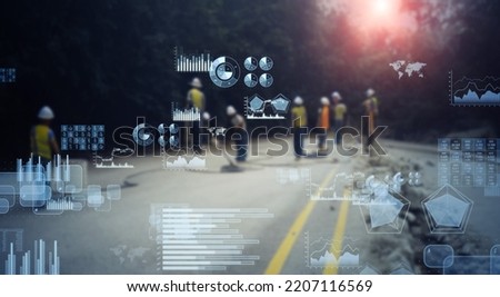 Road construction and data analysis. Wide angle visual for banners or advertisements.