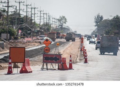 Road Construction On The Highway, Bypass Stop Sign To Control The Traffic.