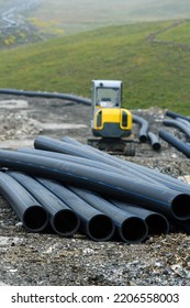 Road Construction And Storm Water Pipes For Sanitary Sewer, Selective Focus